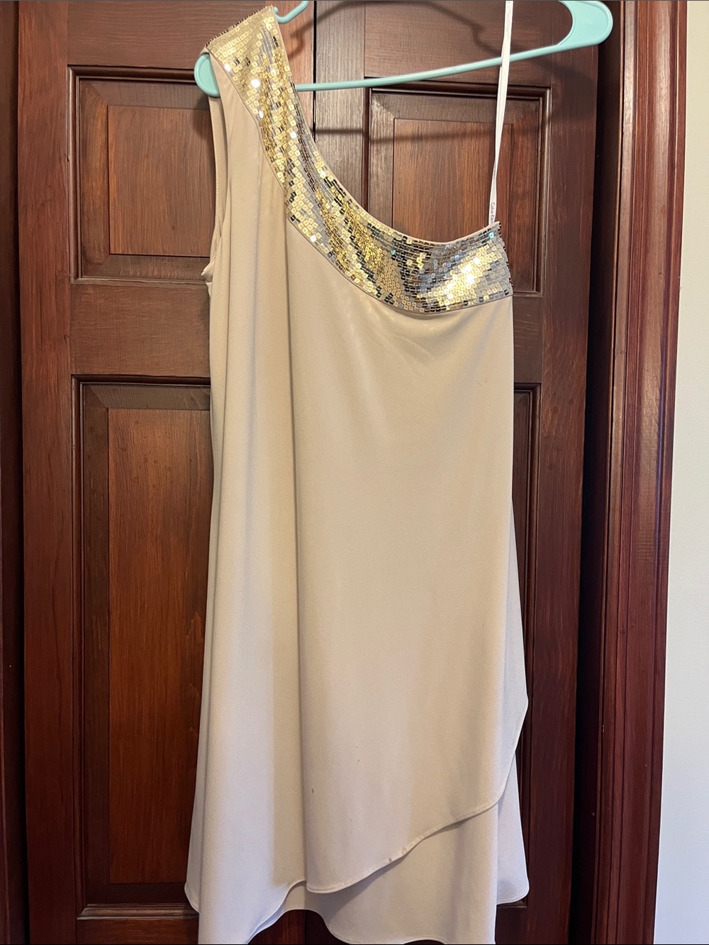 Calvin Klein One-Shoulder Cream Dress with Gold Sequin Trim
